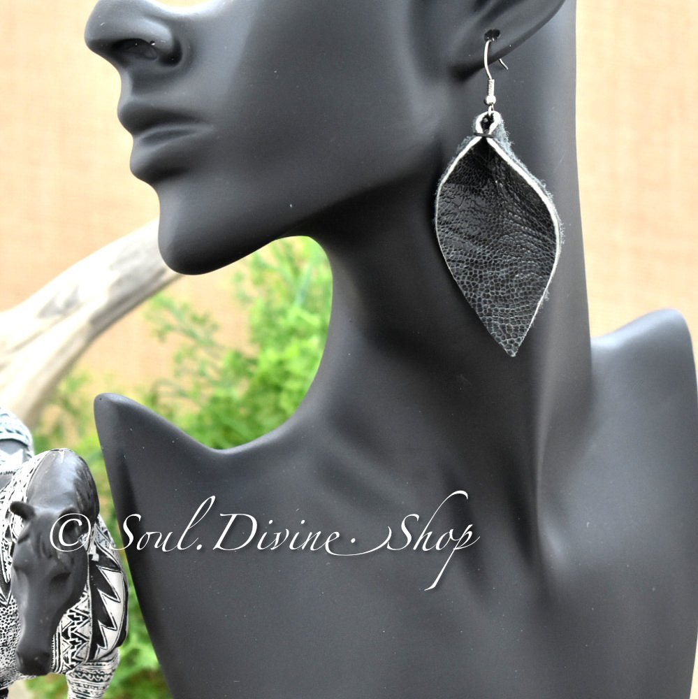 Black Leather Leaf Earrings - Soul Divine