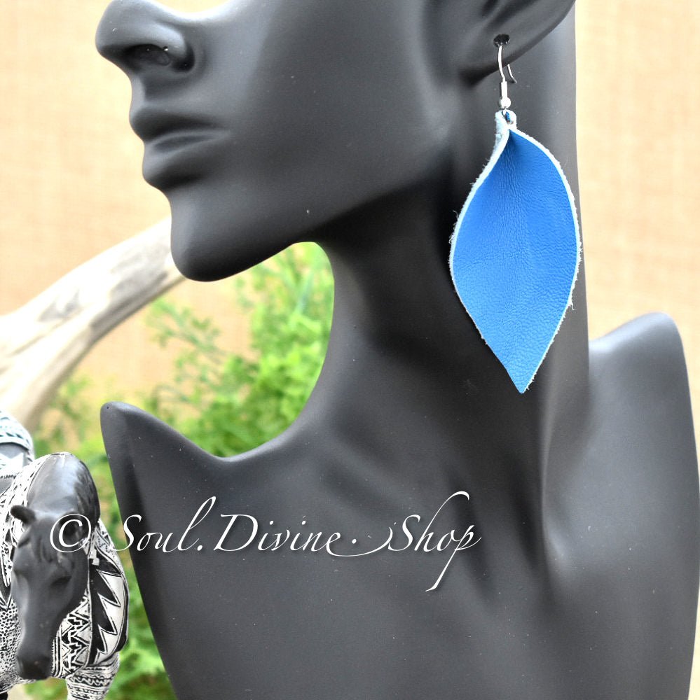 Blue Leather Leaf Earrings - Soul Divine