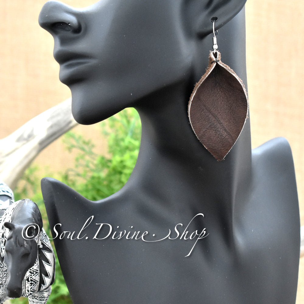 Brown Leather Leaf Earrings - Soul Divine