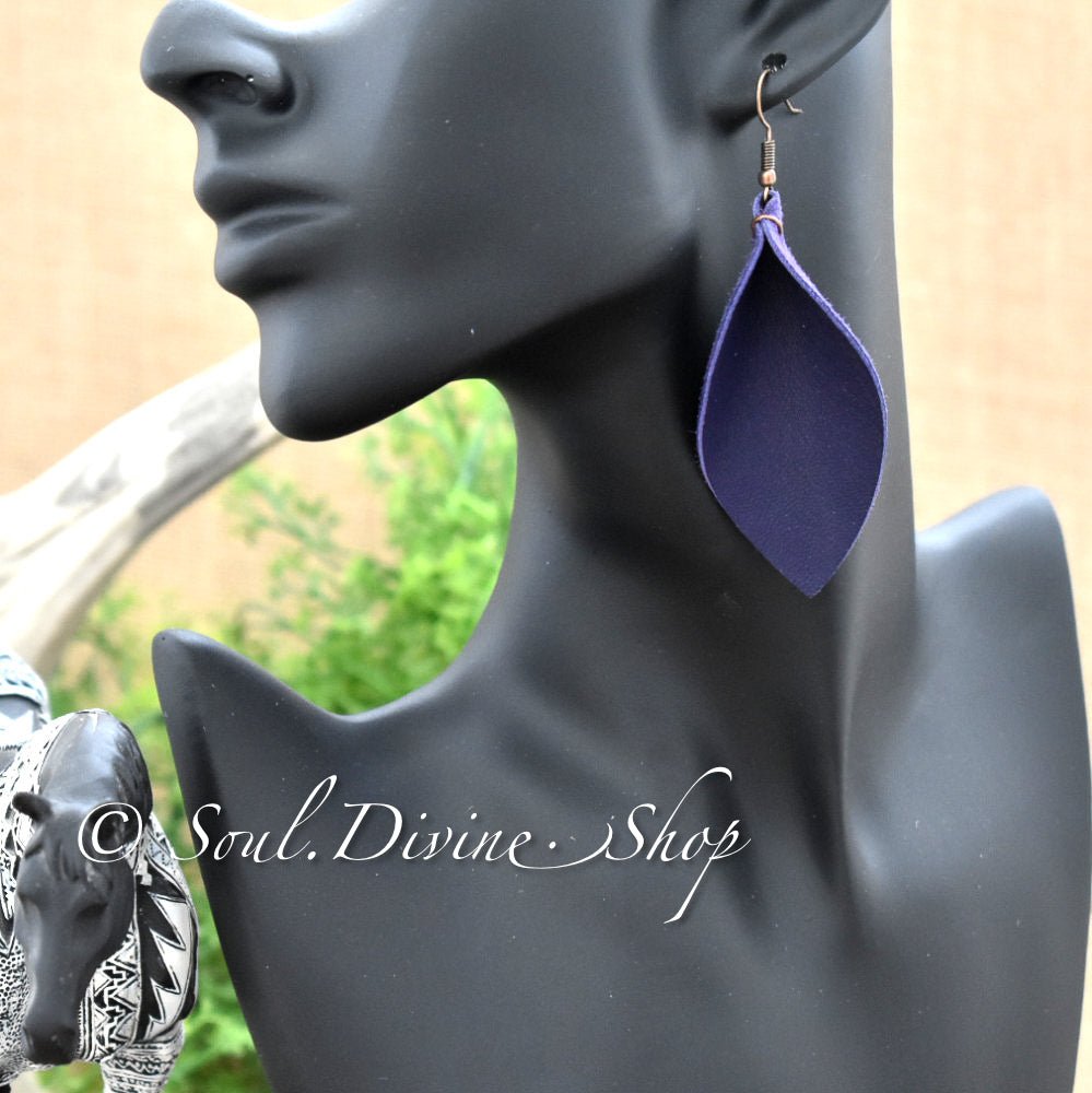Purple Leather Leaf Earrings - Soul Divine
