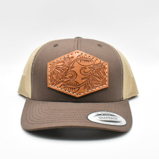 Double Sunflower Tooled Leather Hat - Prairie Buffalo