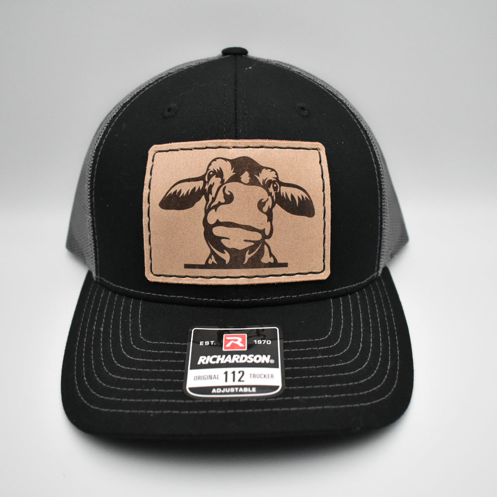 cow leather hat patch sewn onto richardson 112 hat
