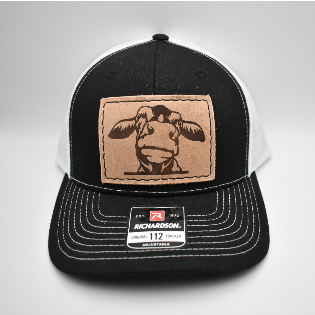 cow leather hat patch sewn onto richardson 112 hat