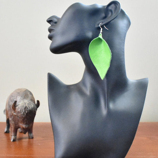 Leather Earrings Leaf Lime Green - Prairie Buffalo