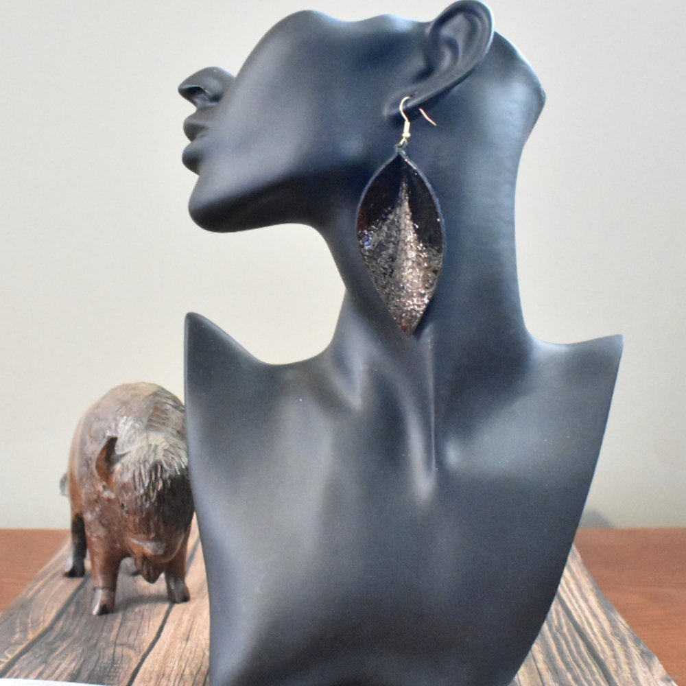 Leather Earrings Leaf Metallic - Prairie Buffalo