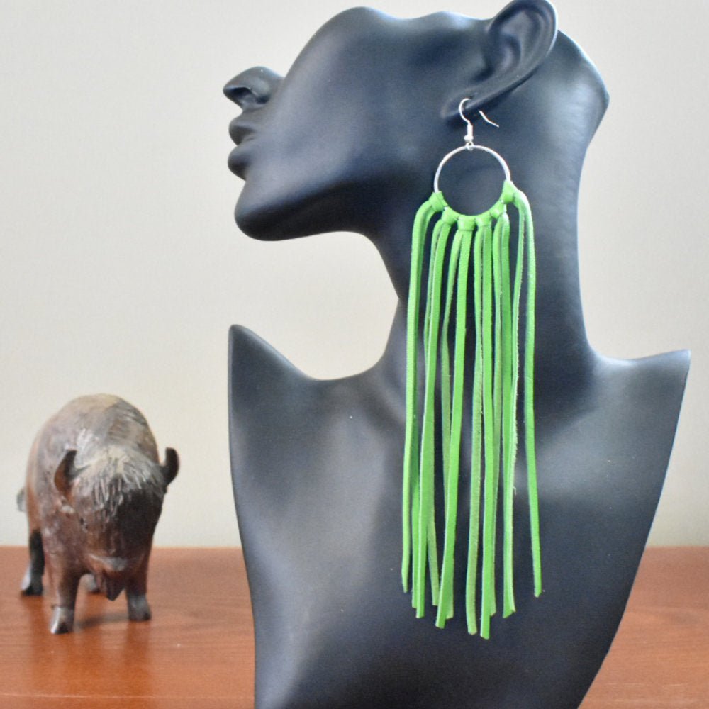 Leather Fringe Earrings - Lime Green - Prairie Buffalo