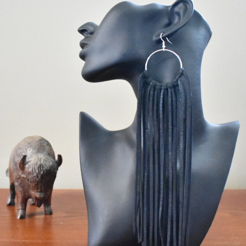 Leather Fringe Earrings - Sparkly Blue - Prairie Buffalo