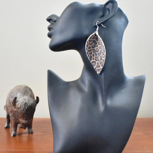 Leather Leaf Earrings Leopard Print - Prairie Buffalo