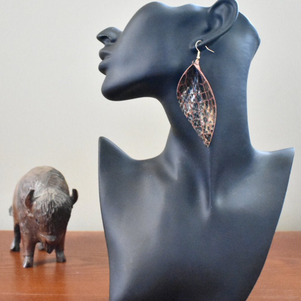 Leather Leaf Earrings Metallic Snake Print - Prairie Buffalo