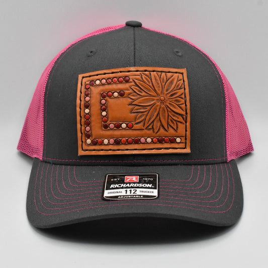 Pink Aztec Sunflower Tooled Leather Hat - Prairie Buffalo