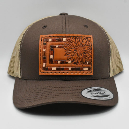 Brown Aztec Sunflower Tooled Leather Hat - Prairie Buffalo