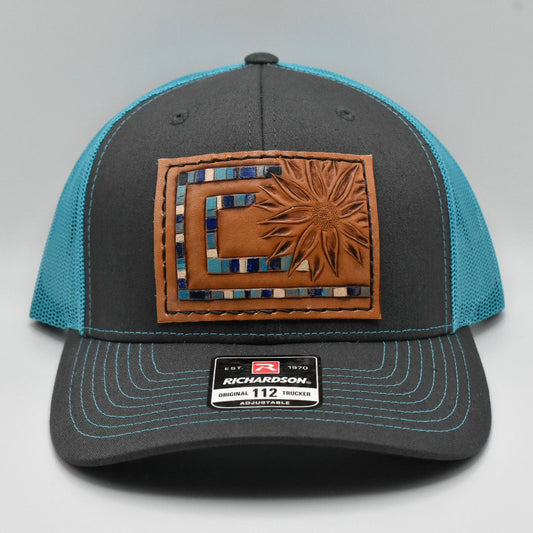 Blue Aztec Sunflower Tooled Leather Hat - Prairie Buffalo