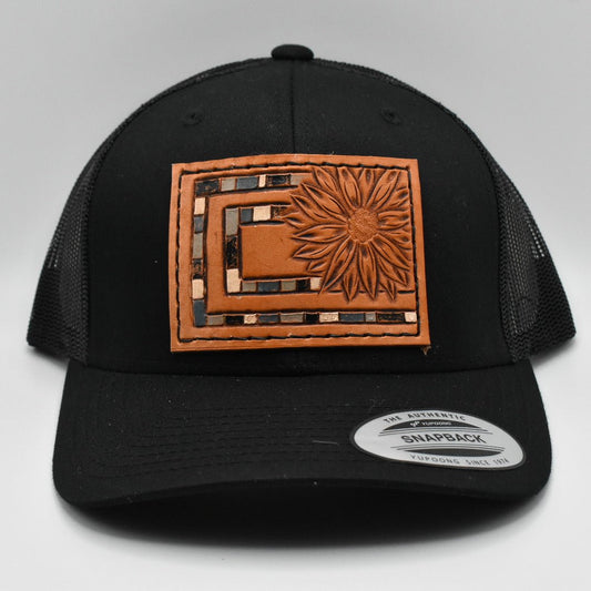 Black Aztec Sunflower Tooled Leather Hat - Prairie Buffalo