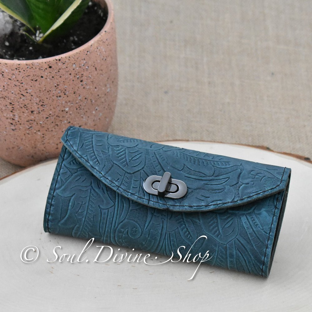 Dark Teal Floral Embossed Leather Clutch Wallet - Soul Divine