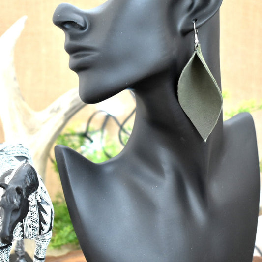 Leather Earrings Leaf Army Green - Soul Divine