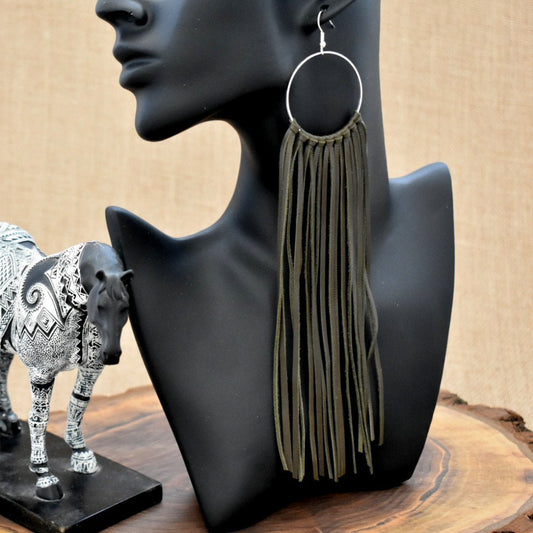 Leather Fringe Earrings - Army Green - Prairie Buffalo