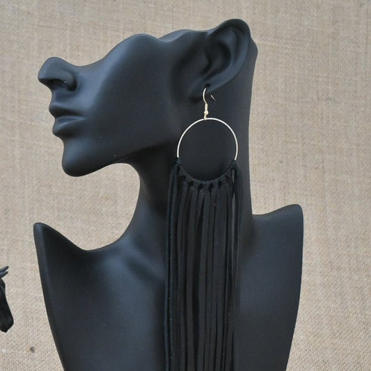 Leather Fringe Earrings - Black - Prairie Buffalo