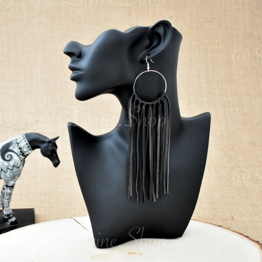 Leather Fringe Earrings - Black/Brown - Prairie Buffalo