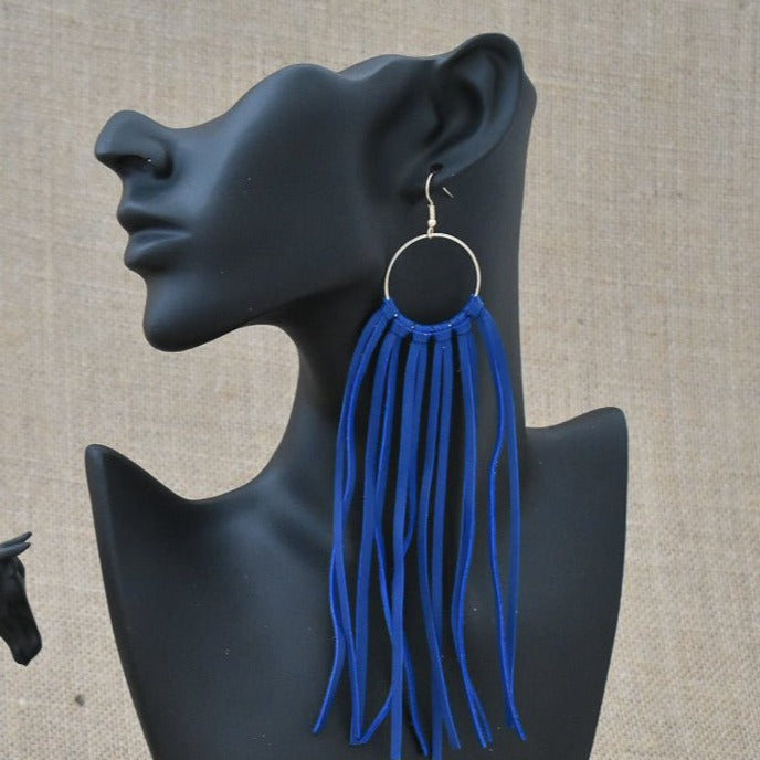 Leather Fringe Earrings - Cobalt Blue - Prairie Buffalo