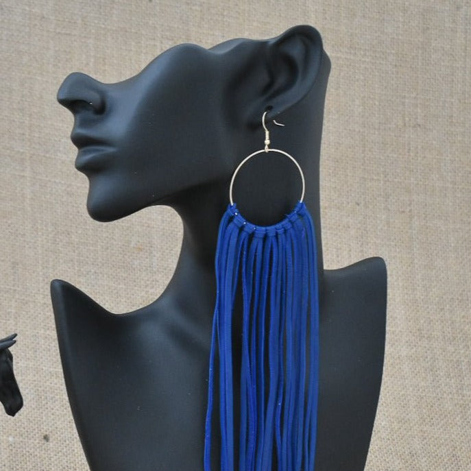 Leather Fringe Earrings - Cobalt Blue - Prairie Buffalo