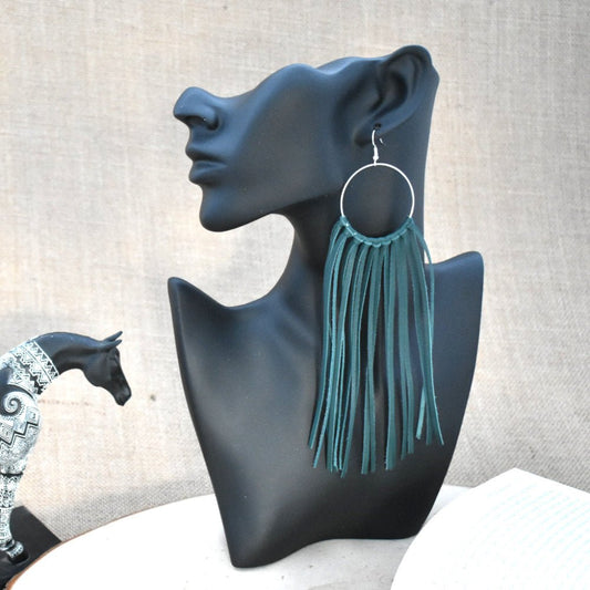 Leather Fringe Earrings - Hunter Green - Prairie Buffalo