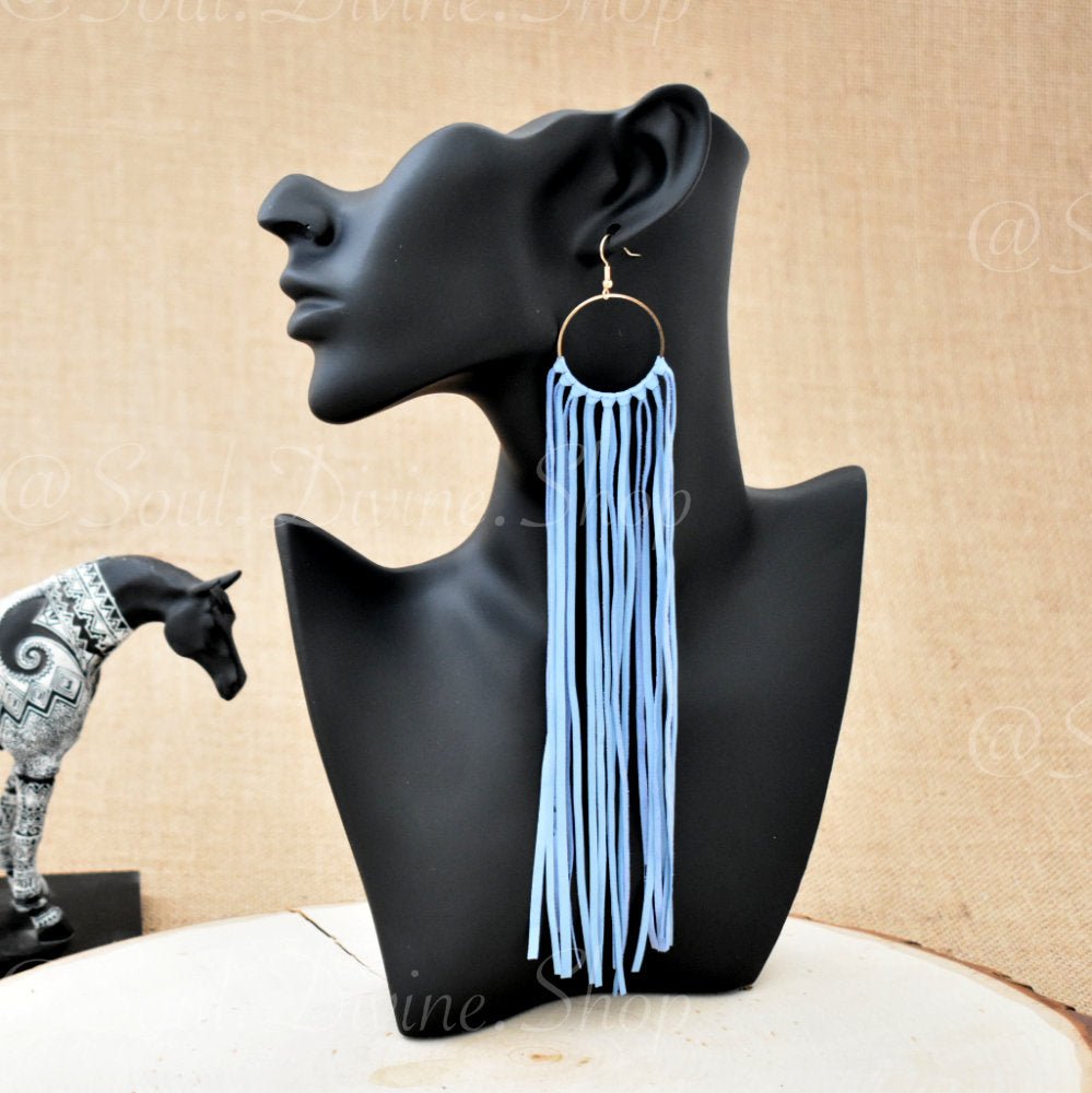 Leather Fringe Earrings - Light Blue - Prairie Buffalo