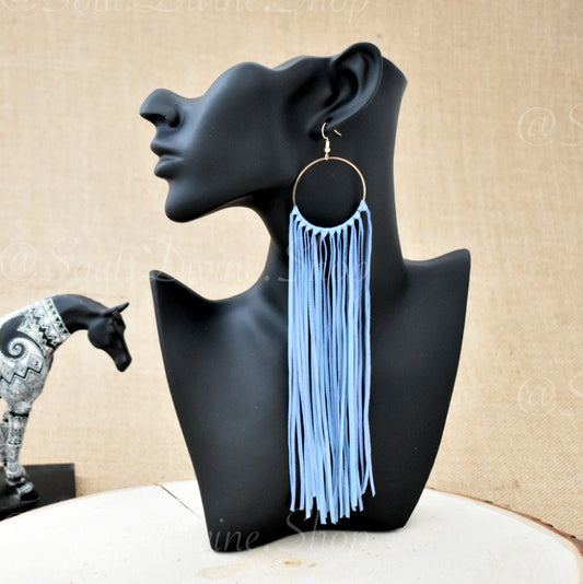 Leather Fringe Earrings - Light Blue - Prairie Buffalo