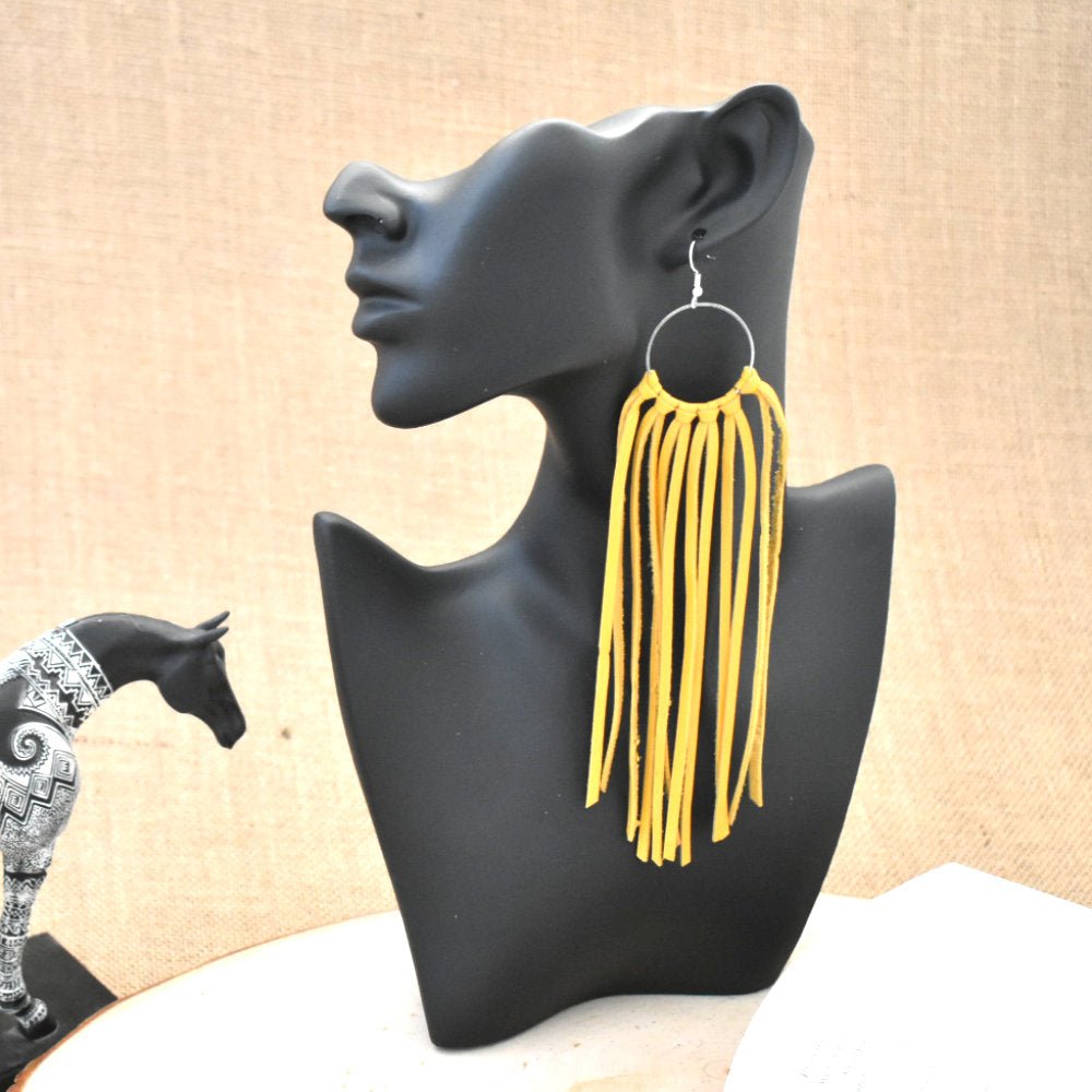 Leather Fringe Earrings - Mustard Yellow - Prairie Buffalo