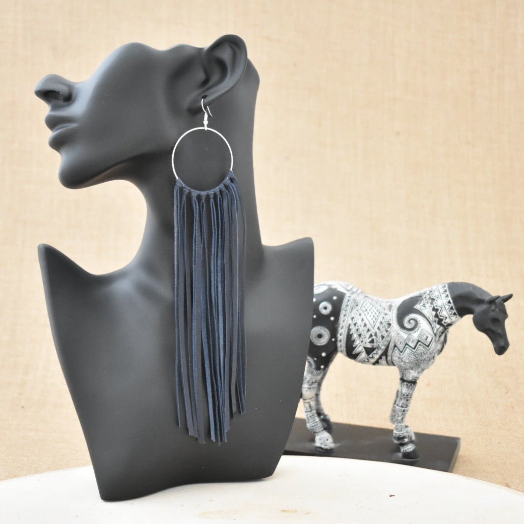 Leather Fringe Earrings - Navy Blue - Prairie Buffalo