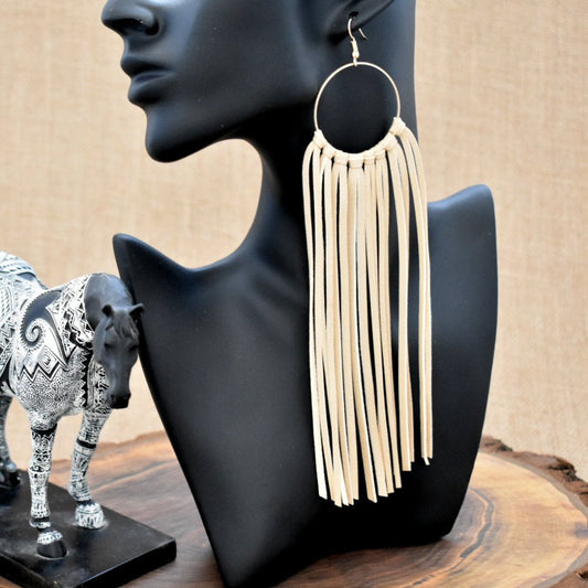 Leather Fringe Earrings - Tan - Prairie Buffalo