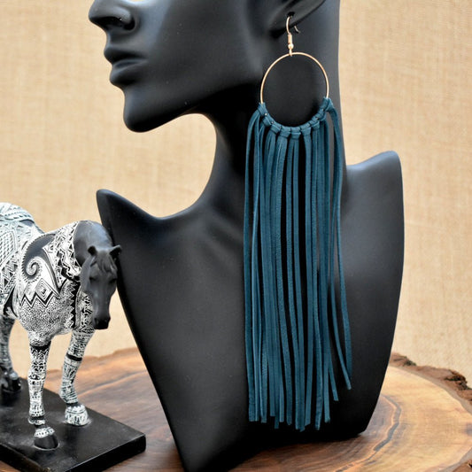 Leather Fringe Earrings - Teal - Prairie Buffalo