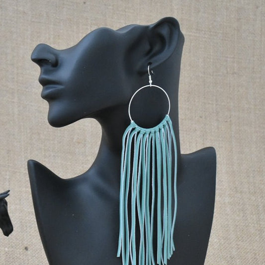 Leather Fringe Earrings - Turquoise - Prairie Buffalo