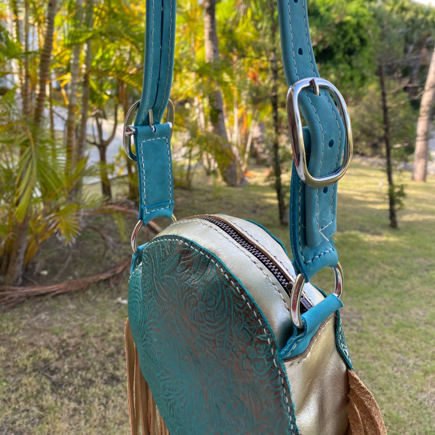 Leather Fringe Purse - Teal & Gold - Soul Divine