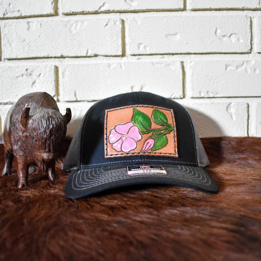 Leather Hat Patches - Tooled Alberta Wild Rose- Prairie Buffalo