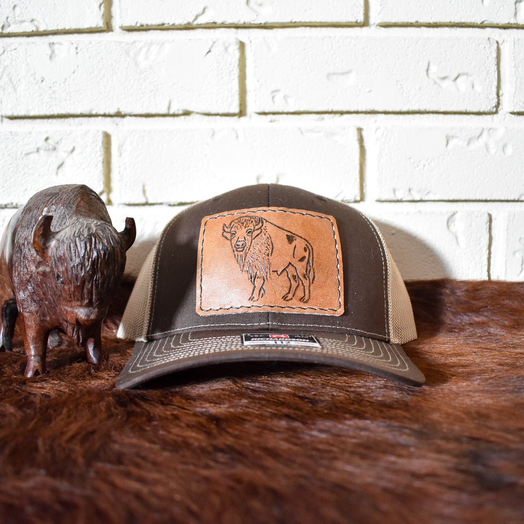 Leather Hat Patches - Tooled Buffalo Aztec - Prairie Buffalo
