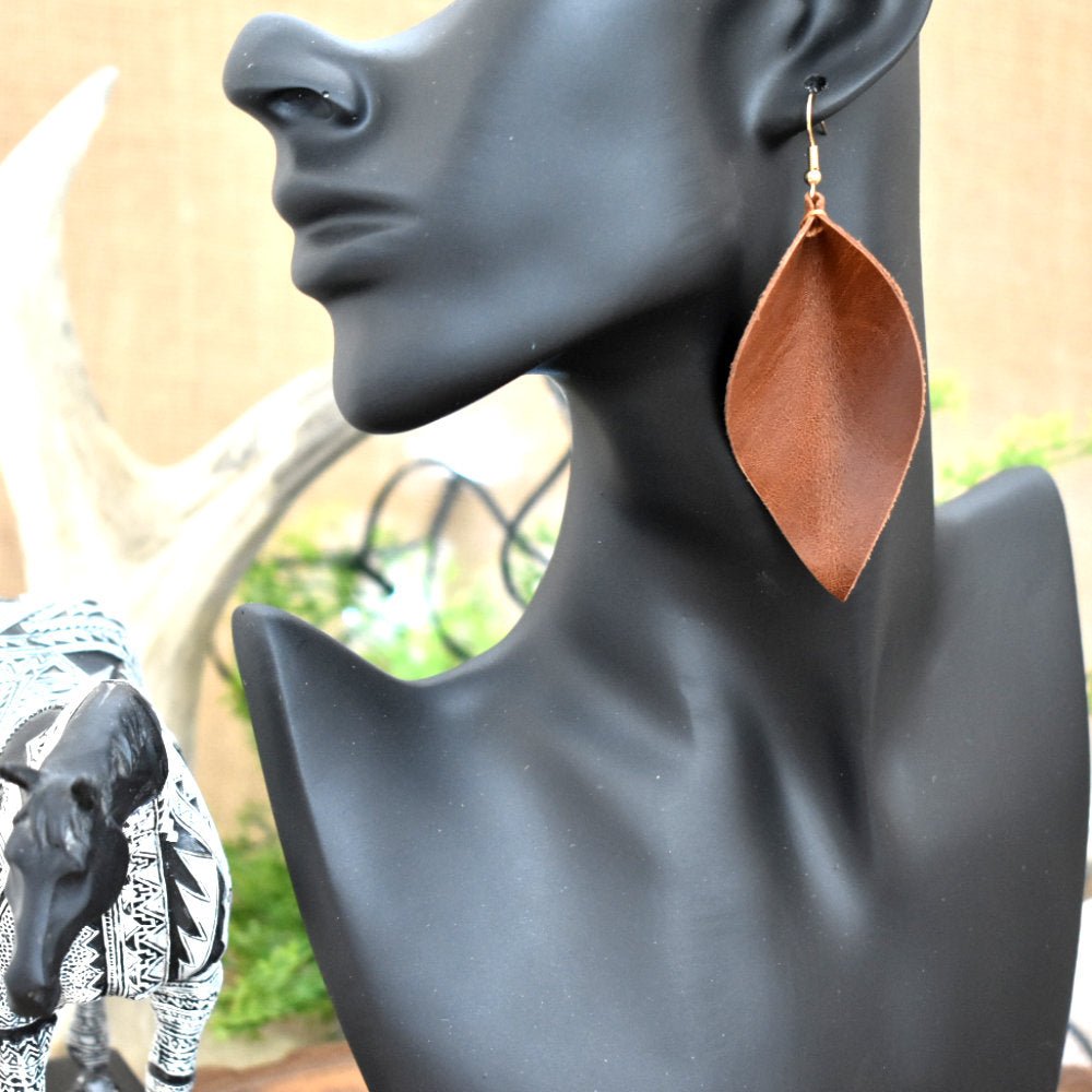 Leather Leaf Earrings Brown - Prairie Buffalo