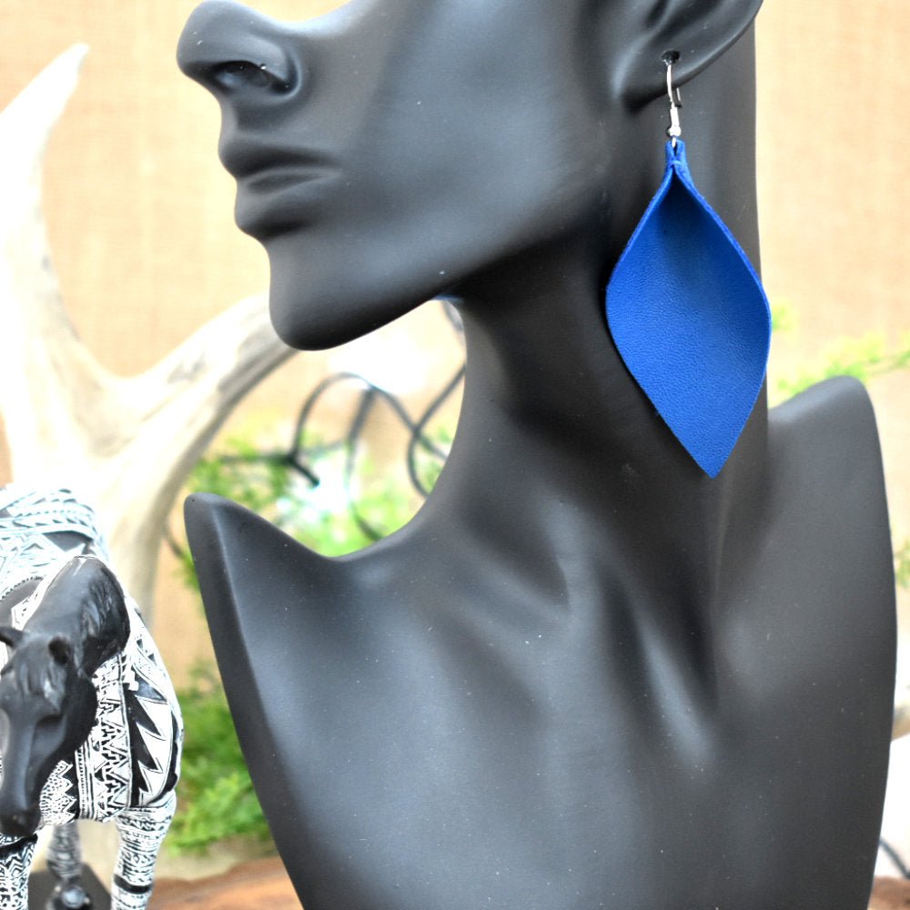 Leather Leaf Earrings Cobalt Blue - Prairie Buffalo