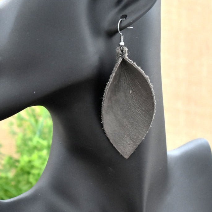 Leather Leaf Earrings Grey - Prairie Buffalo