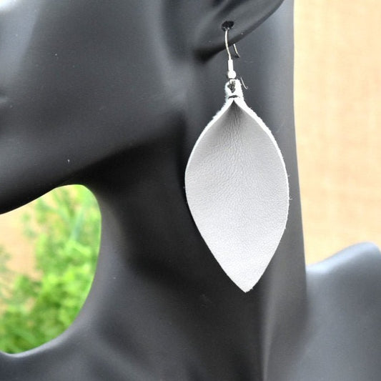 Leather Leaf Earrings Light Grey - Prairie Buffalo