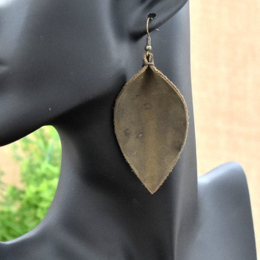 Leather Leaf Earrings Olive Green - Prairie Buffalo