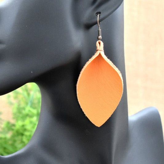 Leather Leaf Earrings Orange - Prairie Buffalo