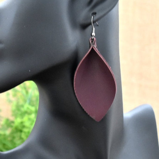 Leather Leaf Earrings Plum - Prairie Buffalo