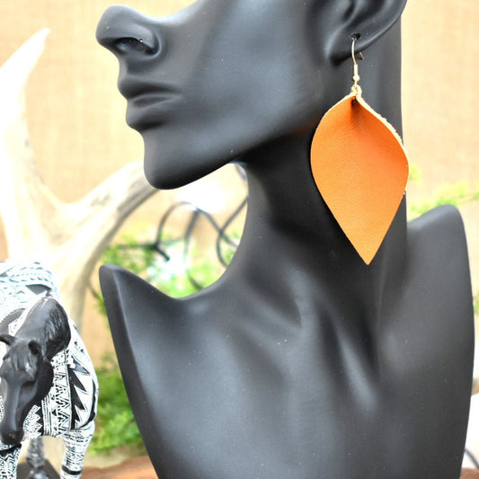 Leather Leaf Earrings Pumpkin Orange - Prairie Buffalo