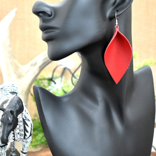 Leather Leaf Earrings Red - Prairie Buffalo