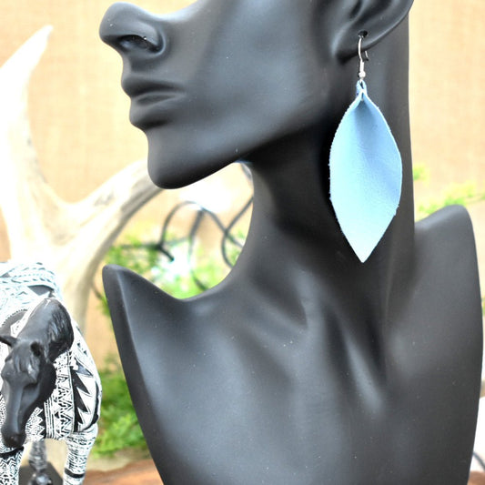 Leather Leaf Earrings Sky Blue - Prairie Buffalo