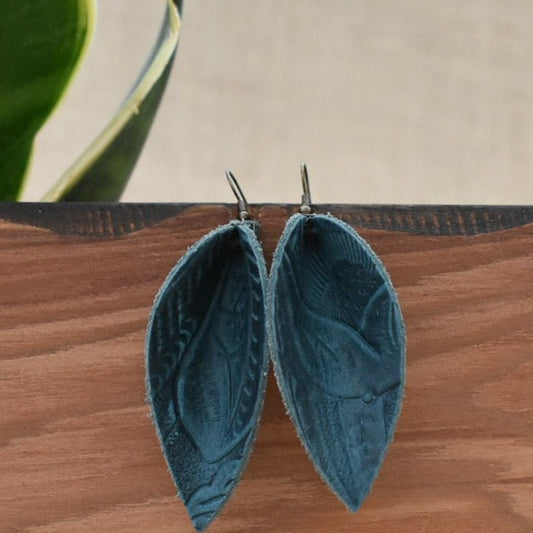 Leather Leaf Earrings Teal Floral Embossed - Prairie Buffalo