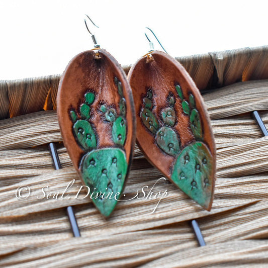 Leather Leaf Earrings Tooled Cactus - Prairie Buffalo