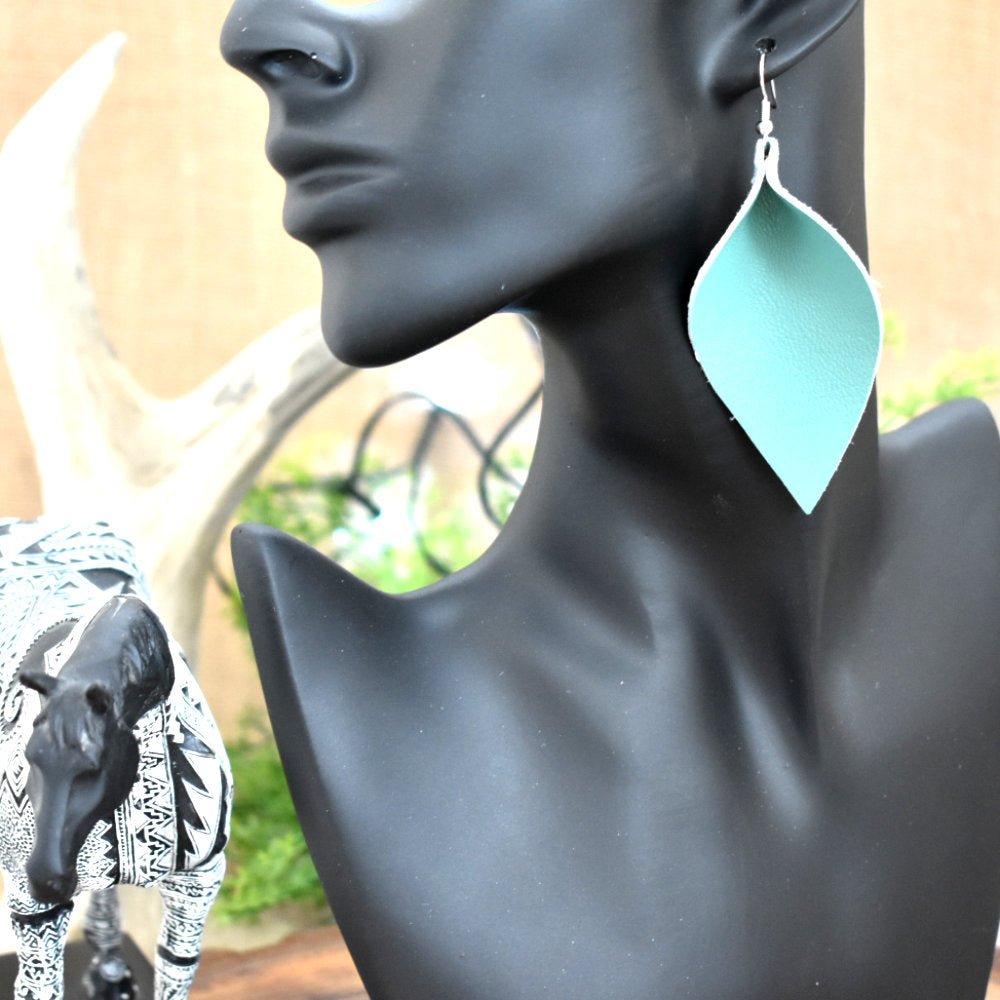 Leather Leaf Earrings Turquoise - Prairie Buffalo