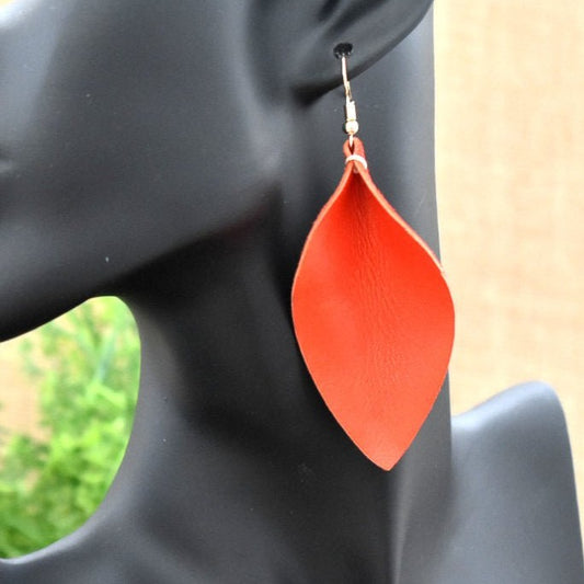 Leather Leaf Earrings Vermillion Red - Prairie Buffalo