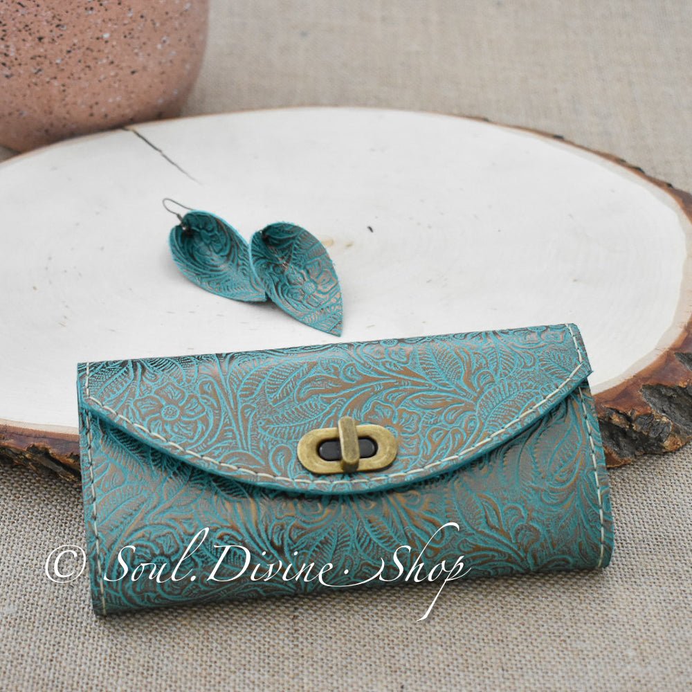 Teal and Gold Floral Embossed Leather Clutch Wallet - Soul Divine